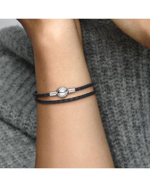 Pandora Moments Sterling Silver And Leather Black Leather Bracelet For Charms