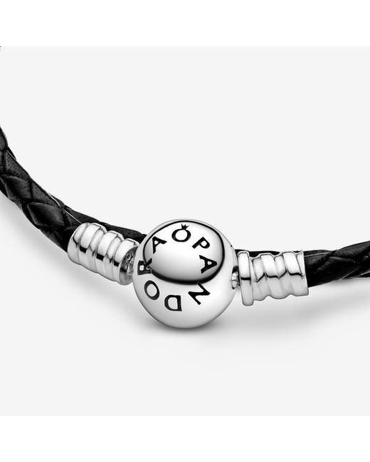 Pandora Moments Sterling Silver And Leather Black Leather Bracelet For Charms