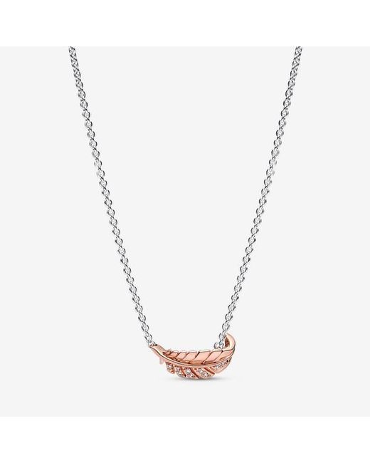 Pandora Metallic Two-Tone Floating Curved Feather Collier Necklace
