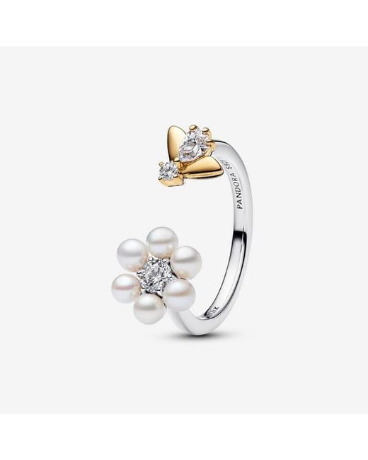 Pandora Metallic Bridgerton Bee & Treated Freshwater Cultured Pearl Flower Open Ring