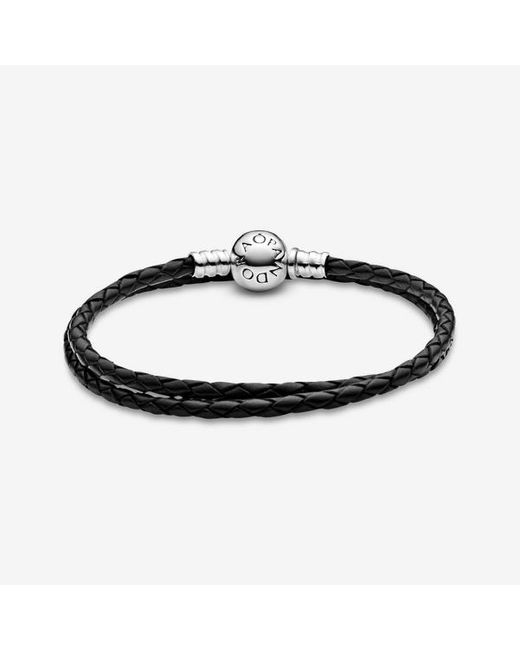 Pandora Moments Sterling Silver And Leather Black Leather Bracelet For Charms