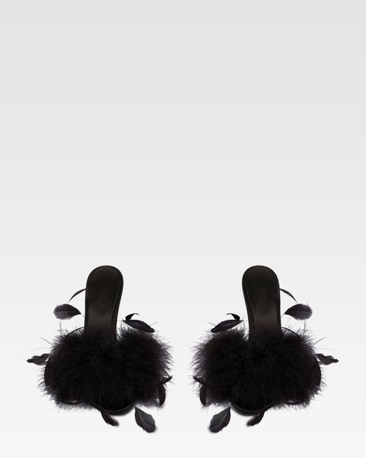 Paris Texas Black Satin Mule With Decorative Feathers