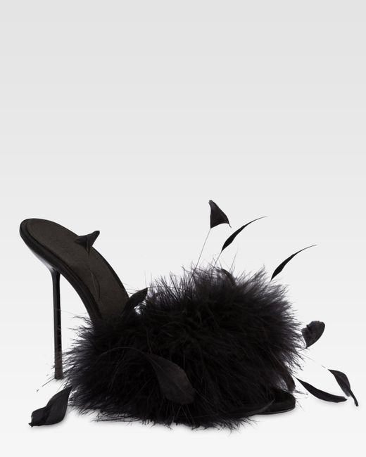 Paris Texas Black Satin Mule With Decorative Feathers