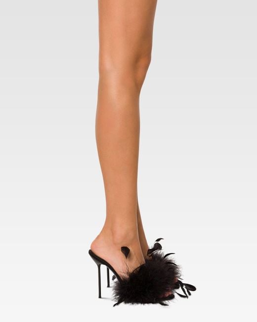 Paris Texas Black Satin Mule With Decorative Feathers