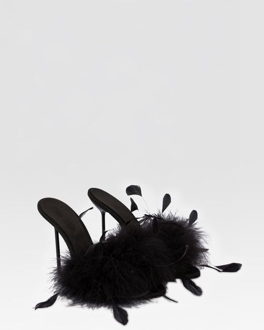 Paris Texas Black Satin Mule With Decorative Feathers