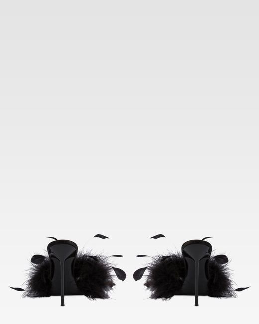 Paris Texas Black Satin Mule With Decorative Feathers