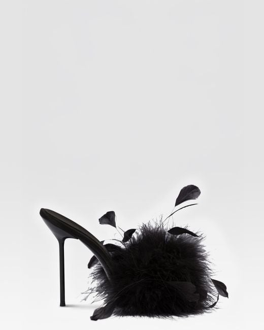 Paris Texas Black Satin Mule With Decorative Feathers