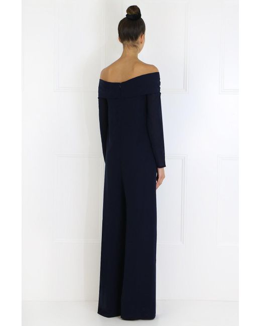 navy blue off the shoulder jumpsuit