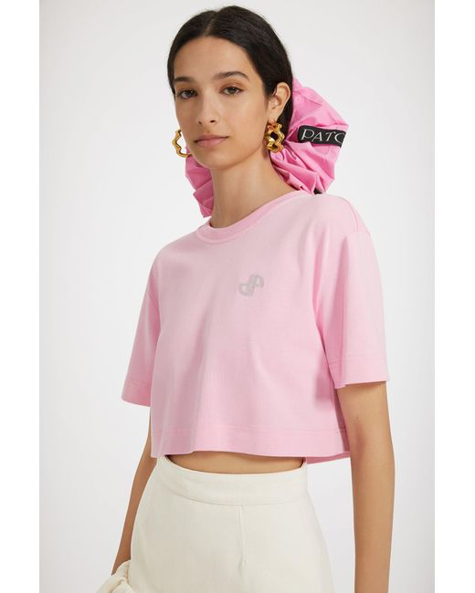 Patou Pink Kurzes, verziertes T-Shirt aus Bio-Baumwolle