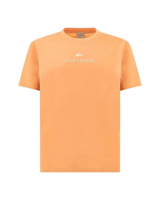 Paul & Shark Orange Aqua Touch Cotton T-Shirt With Embroidered Logo for men