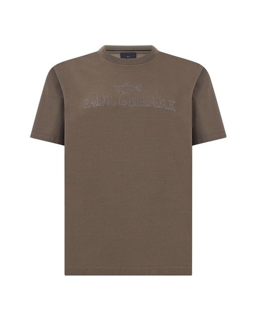 Paul & Shark Brown Aqua Touch Cotton T-Shirt With Logo Embroidery for men
