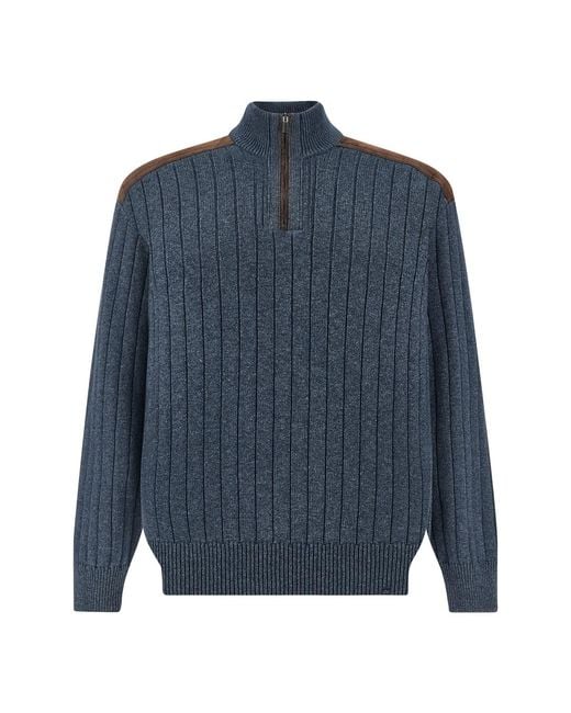 Paul & Shark Blue Wool Cashmere Half Zip Sweater With Suede Details for men