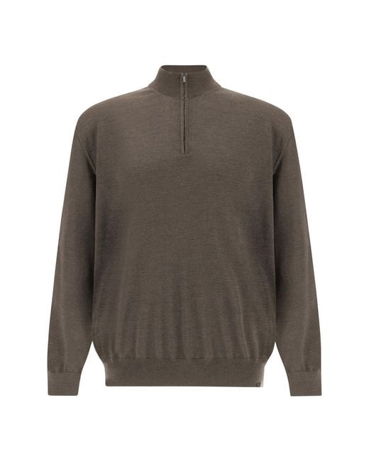 Paul & Shark Gray 140's Superfine Merino Wool Half‑Zip Sweater for men