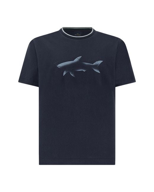 Paul & Shark Blue Cotton Jersey T-Shirt With Shark Print for men