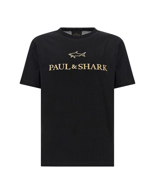 Paul & Shark Black Double Mercerised Cotton Jersey T-Shirt With Embroidered Logo for men