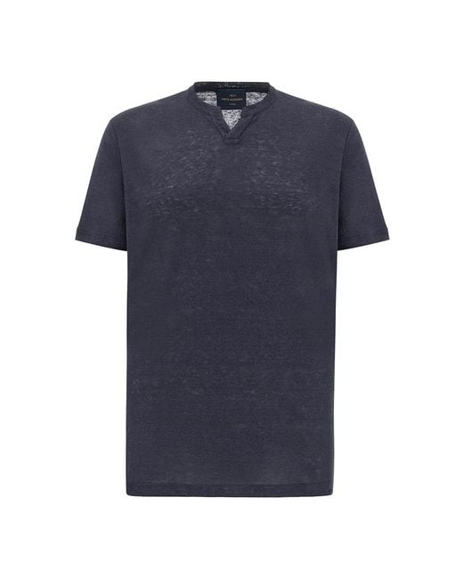 Paul & Shark Blue Pure Linen Jersey Open Collar T-Shirt for men