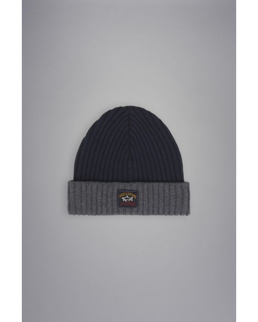 Paul & Shark Blue Ribbed Wool Beanie With Iconic Badge for men