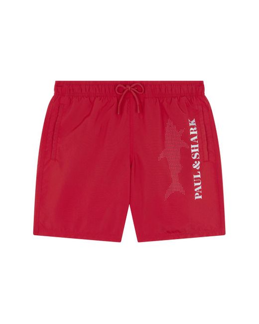Paul & Shark Red Swim Shorts With Reflective Logo Print for men