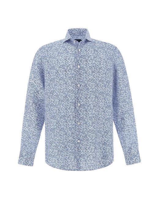 Paul & Shark Blue Linen Shirt With Geometric Watercolor Pattern for men