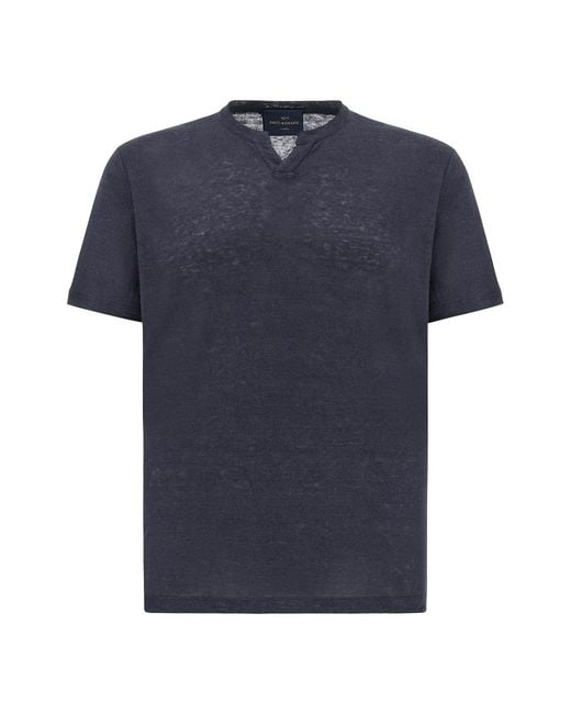 Paul & Shark Blue Pure Linen Jersey Open Collar T-Shirt for men