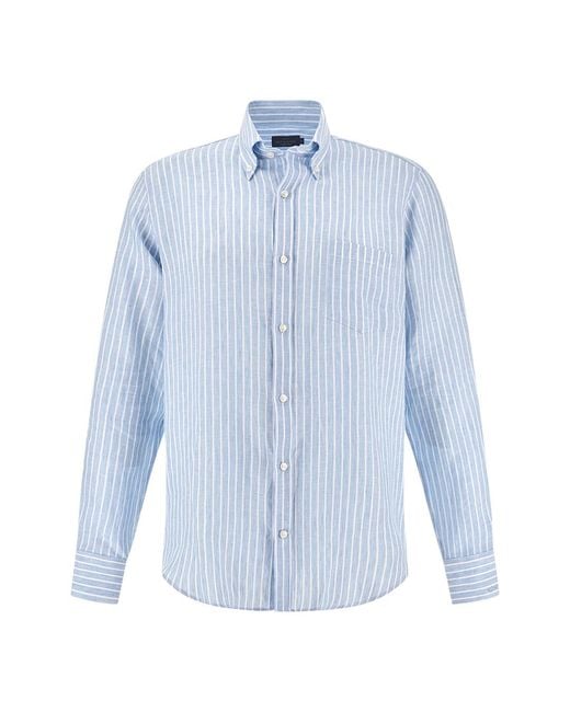Paul & Shark Blue Soffio Linen Shirt With Striped Pattern for men