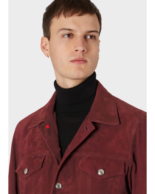 Mens Red Burgundy Suede Trucker Jacket 