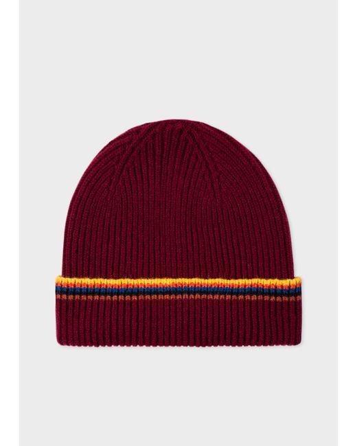 Paul Smith Burgundy Lambswool Beanie With 'artist Stripe' Trim Red for men
