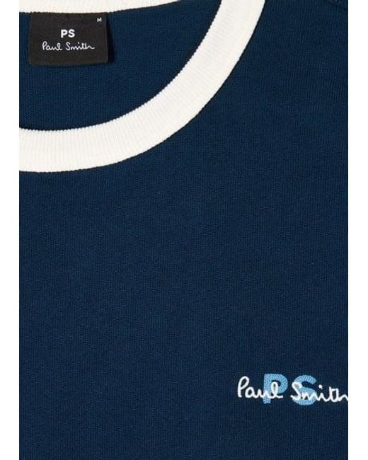 Paul Smith Blue Embroidered Logo Contrast-Collar T-Shirt for men