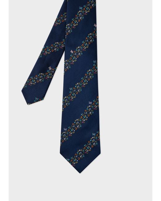Paul Smith Blue Embroidery Floral Stripe Tie for men