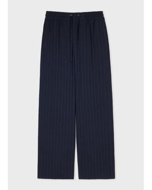 Paul Smith Blue Wool-Blend Seersucker Pinstripe Wide Leg Trousers