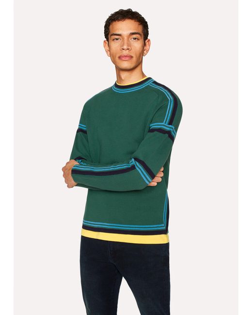 Paul Smith Green Cotton Crew Neck Striped Sweater for men