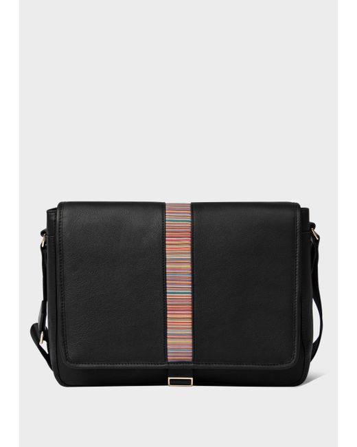 Paul Smith Black Leather 'signature Stripe' Messenger Bag