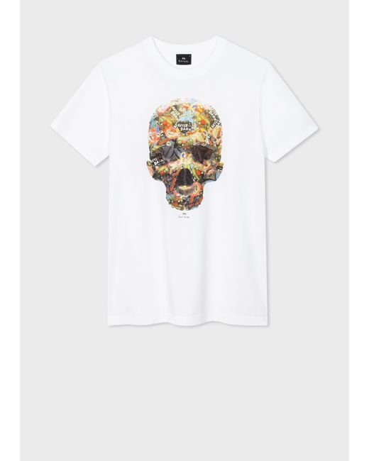 PS by Paul Smith White Mens Slim Fit T Shirt Skull Sticker for men