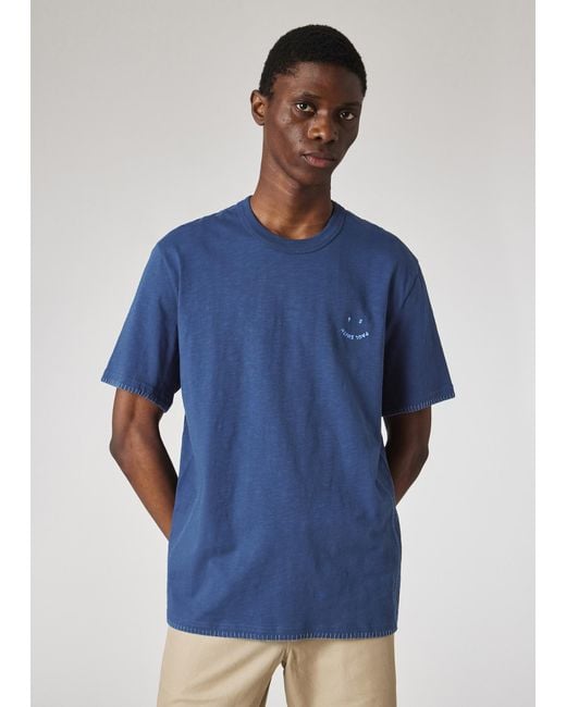 Paul Smith Blue Blanket-Stitch 'Happy' T-Shirt for men
