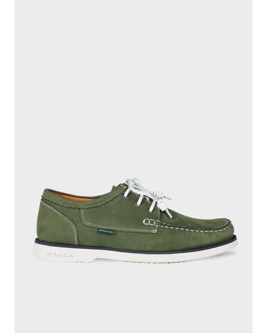 Paul Smith Green Khaki Nubuck 'Pebble' Boat Shoes for men