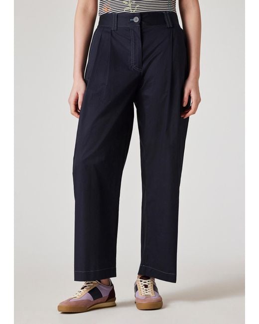 Paul Smith Blue Cotton-Blend Pleated Cropped Trousers