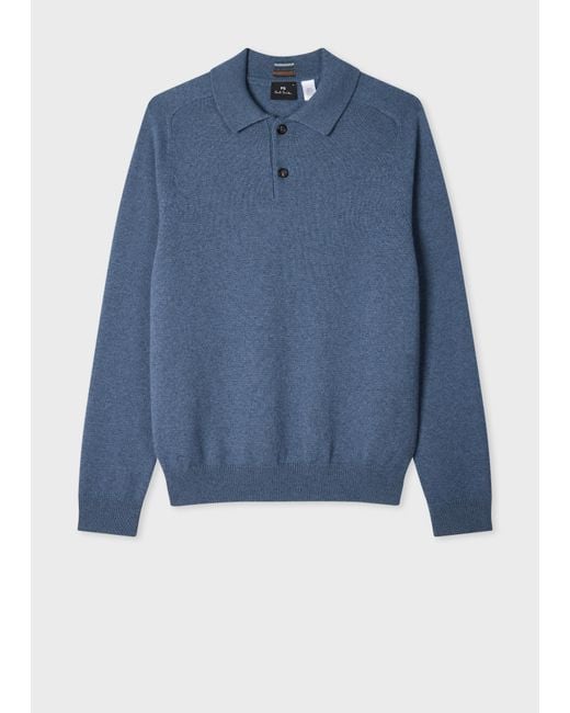 Paul Smith Blue Merino Wool Long-Sleeve Polo Shirt for men