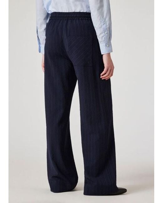 Paul Smith Blue Wool-Blend Seersucker Pinstripe Wide Leg Trousers