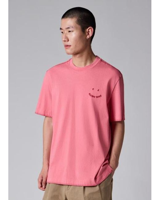 Paul Smith Pink Blanket-Stitch 'Happy' T-Shirt for men