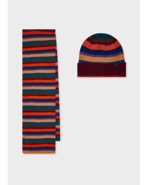 Paul Smith Red Burgundy 'Seasonal Stripe' Beanie And Scarf Set for men