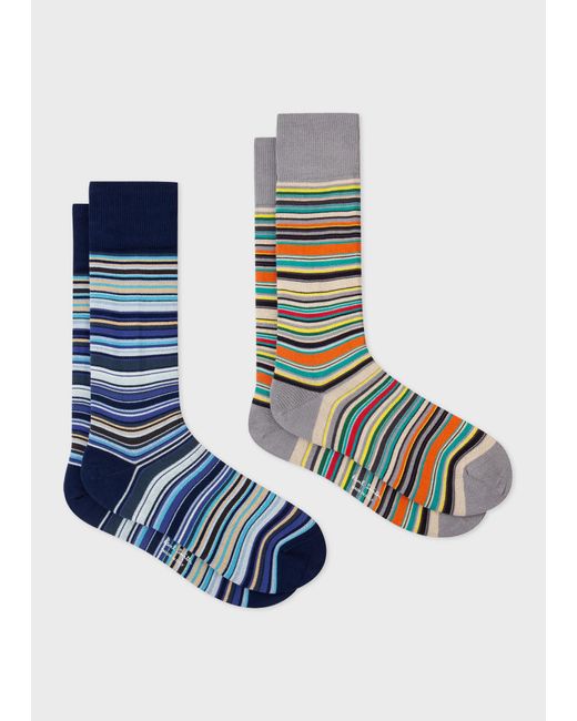 Paul Smith Blue Navy And Grey 'signature Stripe' Socks Two Pack Multicolour for men