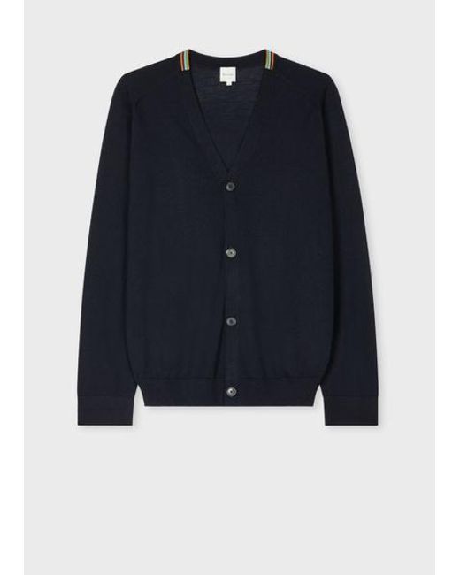 Paul Smith Blue Dark Washable Wool 'Signature Stripe' Cardigan for men