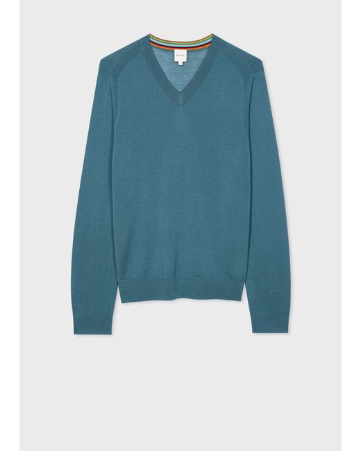 Paul Smith Teal Blue Merino Wool V-neck Sweater Green for men