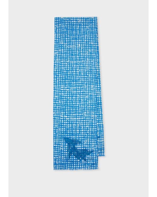 Paul Smith Blue Cotton 'Fish' Check Scarf for men