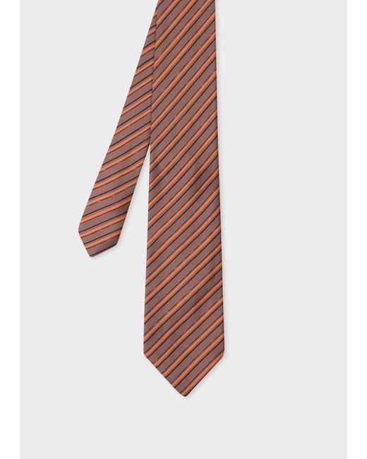Paul Smith White Peach And Brown Stripe Silk Tie for men