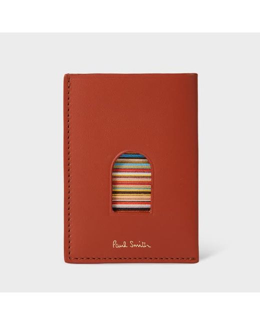 Paul Smith Orange Brick Leather 'Signature Stripe' Thumb Hole Card Holder for men