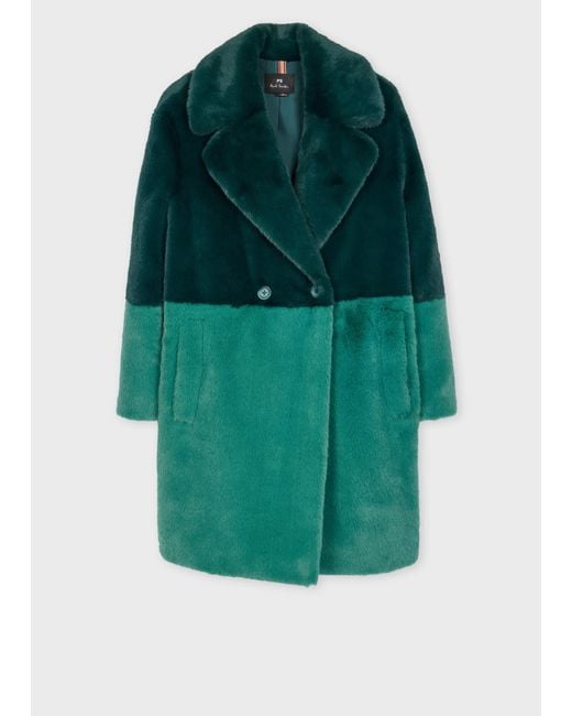 Paul Smith Green And Peacock Faux Fur Colourblock Coat