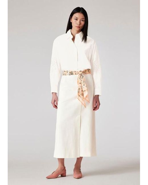 Paul Smith White Denim Midi Skirt With Seasonal Print Scarf Belt