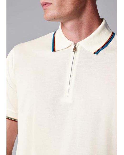 Paul Smith White Cotton 'Signature Stripe' Trim Zip Polo Shirt for men