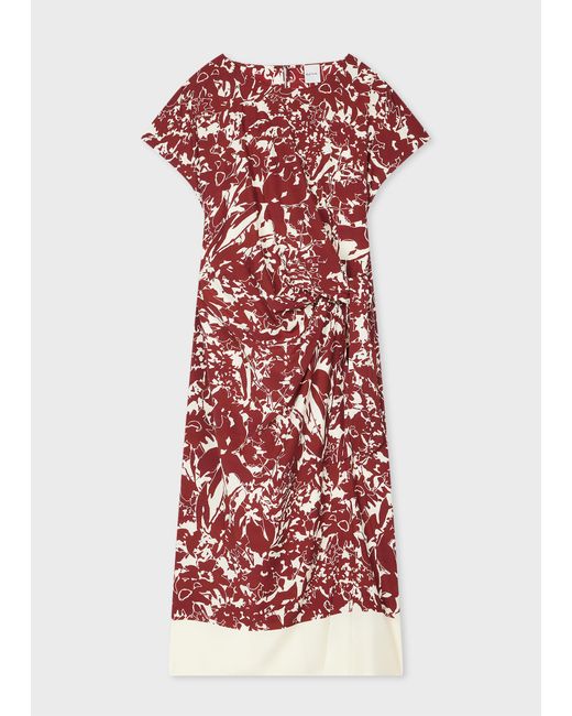 Paul Smith Red And Ecru 'Avant Garden' Tie-Waist Midi Dress